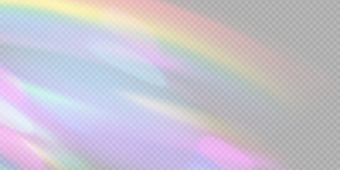 Rainbow light prism effect, transparent background. Hologram reflection, crystal flare leak shadow overlay. Vector illustration of abstract blurred iridescent light backdrop.