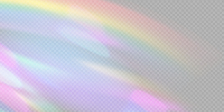 Rainbow light prism effect, transparent background. Hologram reflection, crystal flare leak shadow overlay. Vector illustration of abstract blurred iridescent light backdrop.
