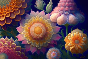 Creative composition of multicolored flowers