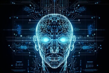Fototapeta premium Abstract futuristic background with blue lines. Robotic head concept. Conceptual technology illustration of artificial intelligence. Generative AI, Generative, AI