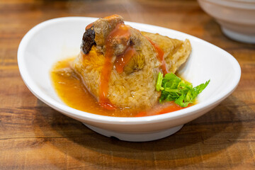 On the table, magnetic bowls, disassembled, steaming hot, meat dumpling, dumpling leaves