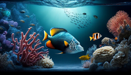 fish swimming under the sea in a coral reef, Generative Ai