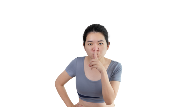 Asian woman doing silent gesture with finger, Noiseless symbol, Noisy mall, Hide a secret, Do not speak. shut your mouth, Noiseless signal transmission, Isolated on PNG file.