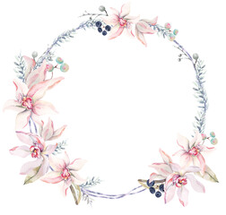 orchids wreath painted in watercolor.Elegant floral collection flower arrangements of blooming flowers, hand drawn watercolor.Design for invitation, wedding or greeting cards.