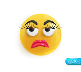 Emoji face. Realistic 3d design. Emoticon yellow glossy color. Icon in plastic cartoon style