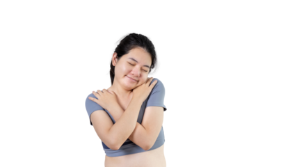 Woman smiling happily isolated on png file background, Woman loves and rejoices herself, Contented, Pure love, Love myself, Proud of yourself, Self-made happiness, Painting Therapy with a smile.