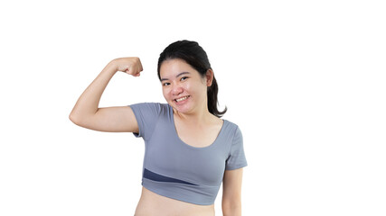 Woman flexing her muscles, Young Asian woman shows off her strength by flexing her jaw and showing off her power, Healthy, Happiness of your choice, PNG file.