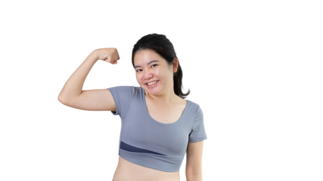 Woman flexing her muscles, Young Asian woman shows off her strength by flexing her jaw and showing off her power, Healthy, Happiness of your choice, PNG file.