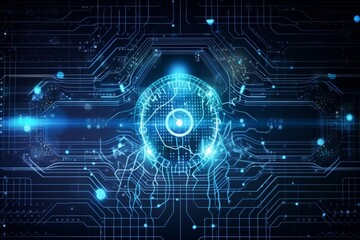 Abstract futuristic background with blue lines. Robotic head concept. Conceptual technology illustration of artificial intelligence. Generative AI, Generative, AI
