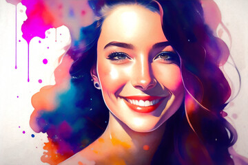 Colorful portrait of a young woman. Generative AI