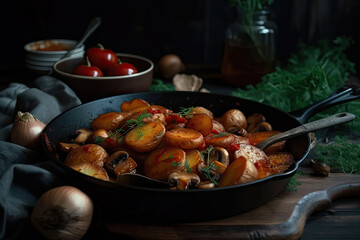  fried potatoes with mushrooms, meat, onions, tomato sauce, seasonings, fried on a frying pan lies on the table Generative AI