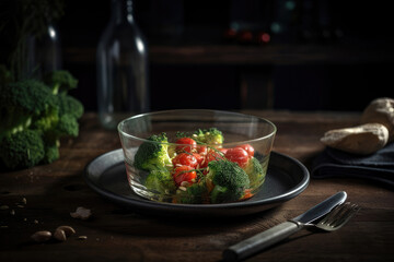  freshly cooked broccoli with fresh tomato salad and radish in a transparent plate Generative AI