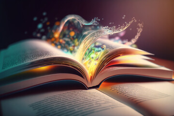 open magic glowing light book with digital, internet and communication technology, by generative AI.