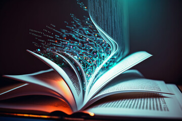 open magic book with digital smart services icons, internet and communication technology, by generative AI. 