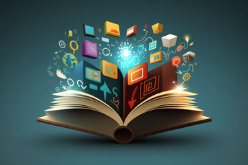 open magic book with smart services icons, internet and communication technology, by generative AI. 