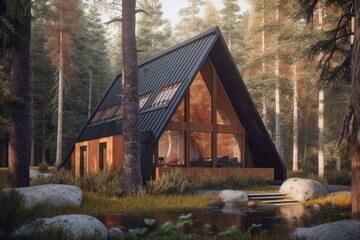 3d rendering of wooden cabin in forest - obrazy, fototapety, plakaty