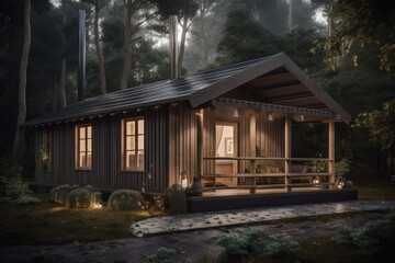 Obraz premium 3d rendering of wooden cabin in forest
