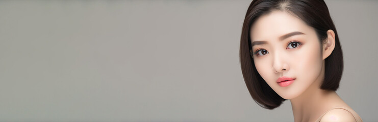 Obraz premium Beautiful young Asian woman with clean fresh skin isolated on gray background, Face care, Facial treatment, Cosmetology, beauty and spa, Asian women portrait