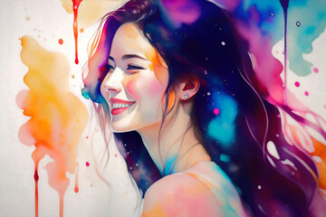 Colorful portrait of a young woman. Generative AI