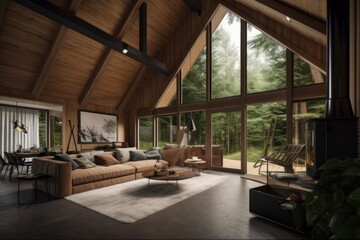 Luxury wooden cabin in the forest interior