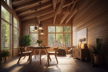 Fototapeta na wymiar Luxury wooden cabin in the forest interior
