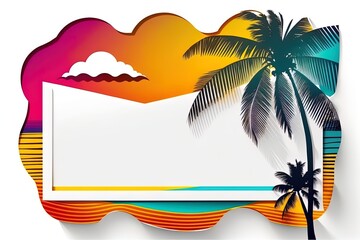 Pop-art bright summer banner template with sun beams, palms, sea waves and clouds in vivid colorful style with empty space