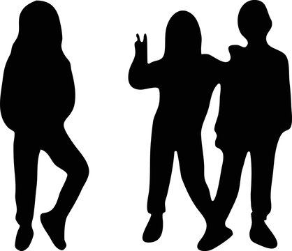 Silhouettes of children in black on a white background. Posing vector silhouettes. Two children together.
