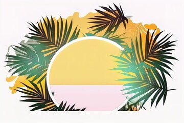 Fototapeta na wymiar Pop-art bright summer banner template with sun beams, palms leaves and clouds in vivid colorful style with empty space