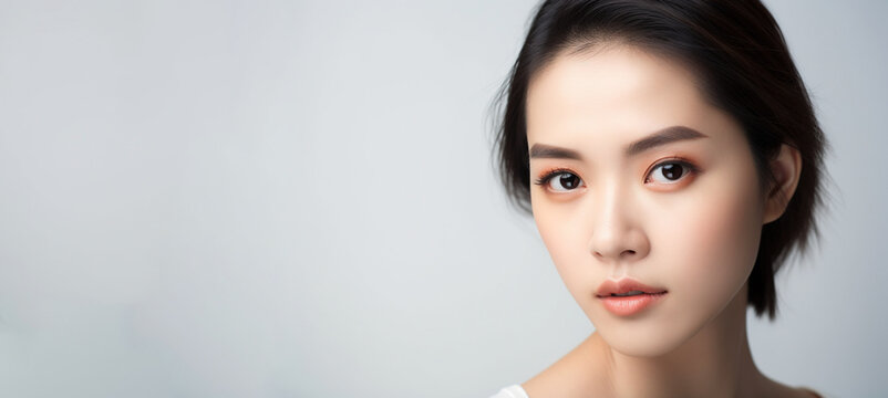 Beautiful young Asian woman with clean fresh skin isolated on gray background, Face care, Facial treatment, Cosmetology, beauty and spa, Asian women portrait