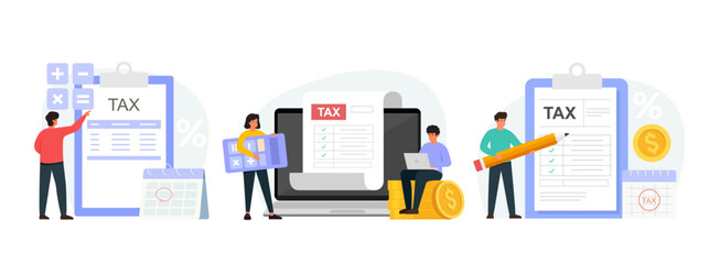 Tax payment concept. Set of illustrations for tax return, calculating and paying invoice. Characters preparing documents for income tax return.
