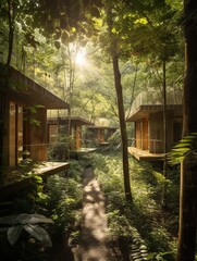 Residential houses located in the middle of abundant vegetation or in the middle of the forest Generative AI
