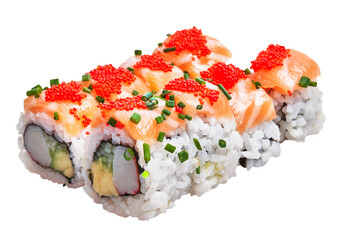  Group of delicious salmon uramaki rolls over isolated white background