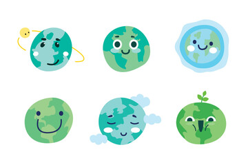 Cute Earth illustration Set. Hand-drawn vector doodle with different funny earth faces.