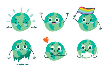 Cute Earth illustration Set. Hand drawn vector doodle with different funny earth actions.