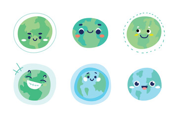 Cute Earth illustration Set. Hand-drawn vector doodle with different funny earth faces. - 585471568