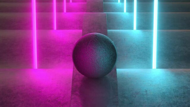 A loopable animation of black metallic damaged ball sliding on scifi scene with neon lights