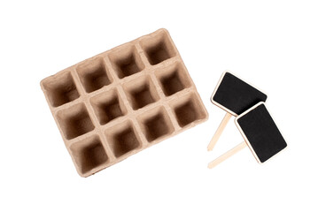 Organic seedling pot for leeks with empty chalkboards. Isolated on transparent background. Preparation of seedlings and vegetable garden plants. 