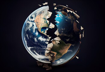 Broken split planet. Earth crisis, global danger, problem concept. AI generative