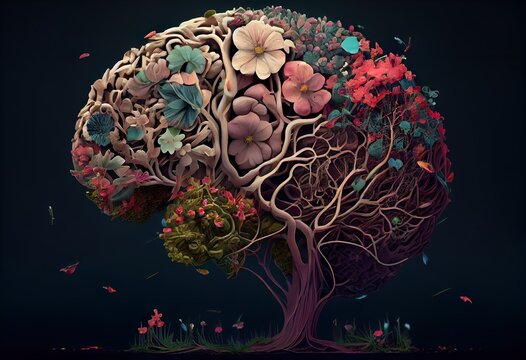 Blooming blossomed flowers in brain shape. Mental and psychology health concept, mind development, intellectual growth. AI generative