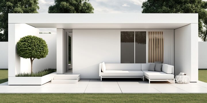 Minimalist white house in natural environment. Modern architecture and serene design. Generative AI