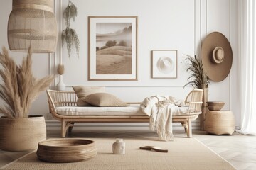 Scandi boho house interior mockup frame with rattan furniture. Generative AI