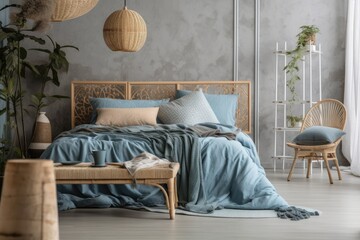 Boho bedroom, pillows, blue bed. Generative AI