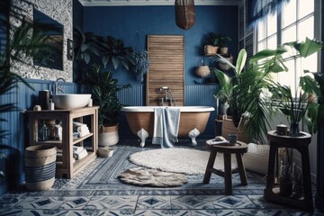 Fototapeta na wymiar White and blue bohemian wooden bathroom and bedroom. Bathtub, bed, towel rack, potted plants. Tropical wallpaper. Rustic interior design,. Generative AI