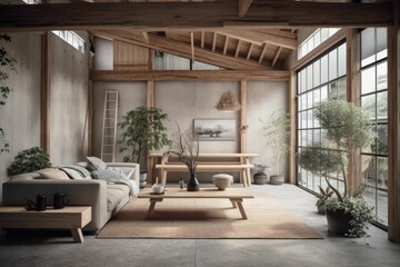 Fototapeta na wymiar Wooden Japanese living room, blurred backdrop. Fabric couch, beams ceiling, window, and decors. Farmhouse decor,. Generative AI
