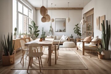 Contemporary white and beige dining and living room. Table, seats, and carpet. Farmhouse decor,. Generative AI