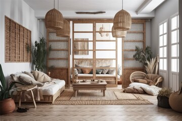 White folding door opening into country bohemian living room with rattan and wooden furniture, jute carpet, and fabric couch, boho interior design, architect designer idea,. Generative AI