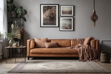 Copy space picture frame above couch in living room. Boho chic apartment with eco leather sofa and décor. Loft design and furnishings. Generative AI