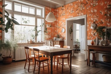 White orange farmhouse dining room. Floral wallpaper, seats, table. Japanese interiors. Generative AI