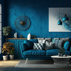 Modern interior design of the living room with a sofa. Illustration AI Generative
