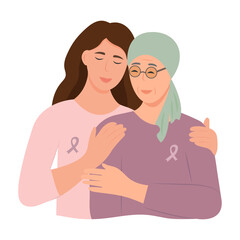 The daughter embraces the sick mother. Breast Cancer awareness month concept of support and solidarity with women fighting oncological disease. Vector illustration